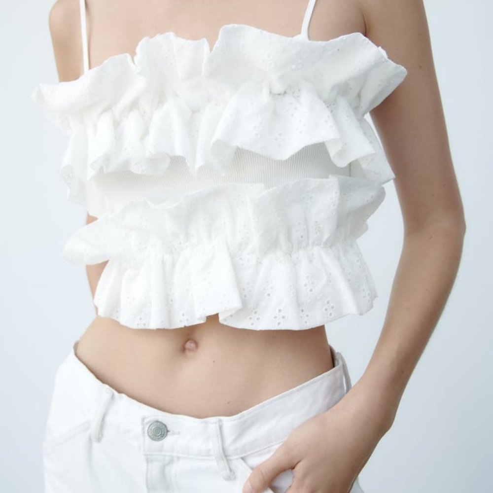 Zara White Ruffled Crop Top - Picture 2 of 9